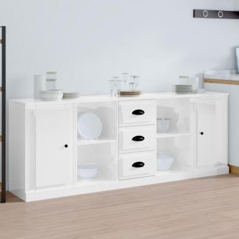 Aparador moderno de madera contrachapada blanca brillo, 3 piezas, con armarios y cajón para almacenamiento en salón