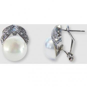 Pendientes de perla mabe blanca y circonitas con cierre omega