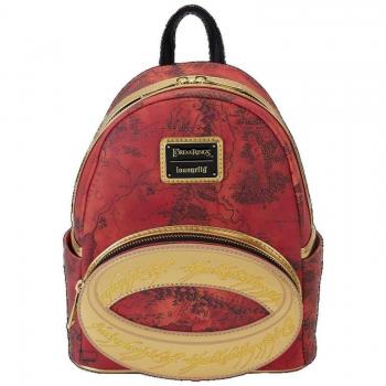 Mini mochila Loungefly El Anillo Único Rojo, con diseño de elfos y hobbits, fabricada en material sintético, medidas aproximadas de 23 cm x 27 cm x 10 cm, cuenta con bolsillos frontales