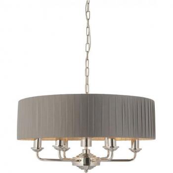 Lámpara colgante Highclere de 6 luces en acero con acabado en níquel brillante y pantalla de tela en color carbón