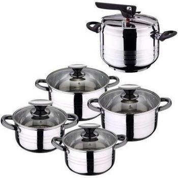 San Ignacio Set DE Olla A PRESIÓN 5L + BATERÍA Cocina 8 Piezas, Acero Inoxidable, Cromado, Express 5 litros