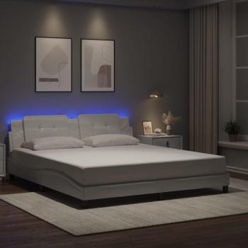 Cama de cuero sintético blanco con luz LED 180x200 cm