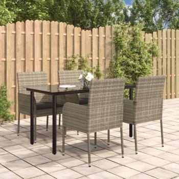5-Piece Black and Gray Poly Rattan Garden Dining Set with Cushions