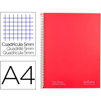 Cuaderno espiral Navigator A4 micro tapa forrada 120h 80gr cuadro 5mm 5 bandas 4 taladros color rojo