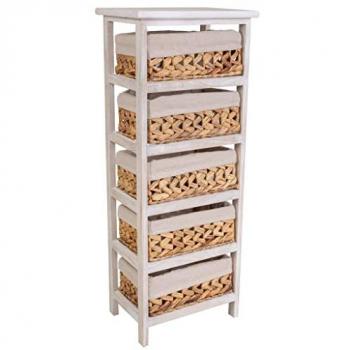 Cajonera de Madera Blanca con 5 Cajones, Tela Jacinto de Agua y Estructura de Madera de Paulonia, Dimensiones 25 x 88 x 35 cm