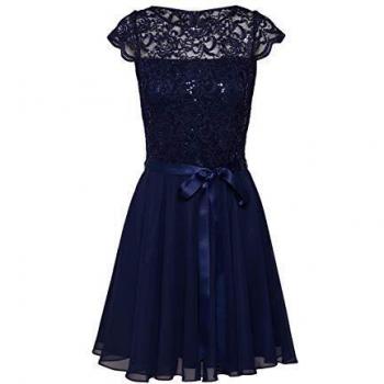Vestido de cóctel azul marino con encaje y cinturón, talla 40