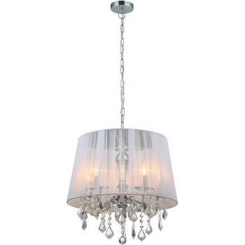 Lámpara colgante Cornelia de cristal cromado, 5 luces blancas con pantalla de tela blanca, E14