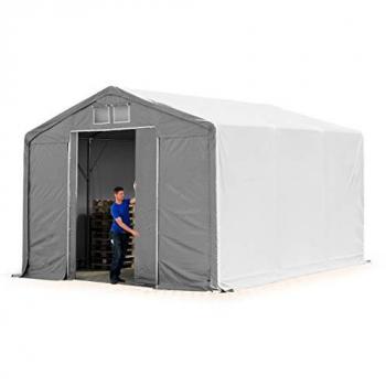 Carpa industrial 6x6 m con altura lateral de 3 m, puerta corrediza, PVC 850 gris, 100% impermeable