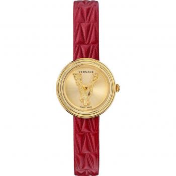 Versace Virtus Mini Red Leather Gold Watch, female, Yellow, Size: ONE SIZE