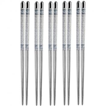 Gosear Palillos Chinos, 5 Pares Palillos Chinos Acero Inoxidable Antideslizante Regalo Set de Vajilla,Patrón Porcelana Azul y Blanca