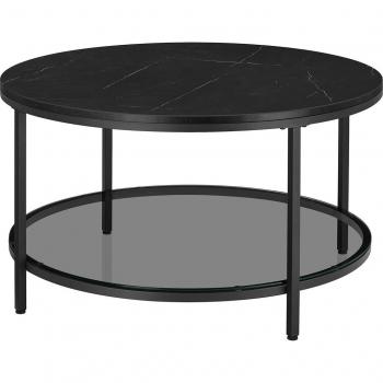 Mesa de Centro Redonda Moderna con Imitación de Mármol y Estante de Vidrio Templado, Fácil Montaje, Ideal para Salón, Color Blanco o Negro