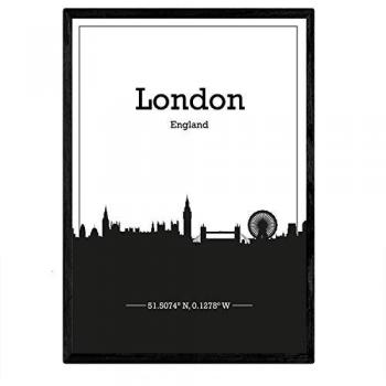 Póster Mapa de Londres con Skyline de Ciudades de Inglaterra e Irlanda - Sombra Negra, Tamaño A4