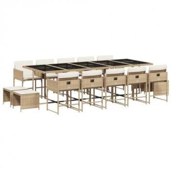 Set comedor de jardín con cojines 15 pzas ratán sintético beige
