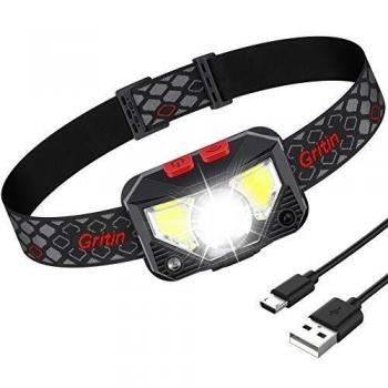 Linterna Frontal LED Recargable, Gritin Linterna Frontal Cabeza USB COB 8 Modos con Sensor y Luz Roja 500 Lúmenes Alto Brillante Ajustable Impermeable para Correr, Acampar, Excursión, Pesca, Ciclismo