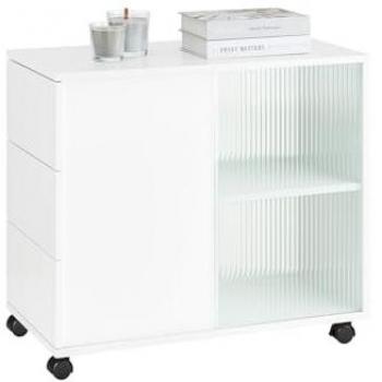 SoBuy Mesa auxiliar mesa de centro con 2 puertas y 3 cajones blanco, armario de almacenamiento para oficina, dimensiones 70 x 35 x 61 cm, incluye 5 ruedas