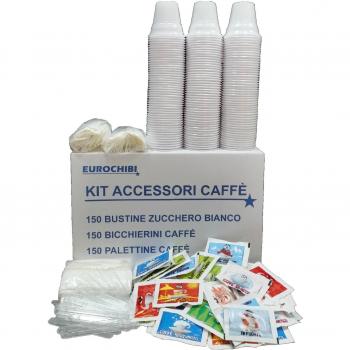 KIT ACCESORIOS CAFÉ CON 150 BOLSITAS DE AZÚCAR + 150 VASOS + 150 AGITADORES - EUROCHIBI® LÍNEA DE ALTA CALIDAD