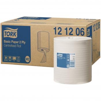 Tork 121206 Papel de secado básico M2 / Pañitos de limpieza de 2 capas compatible con el sistema M2, blanco, 6 bobinas x paquete