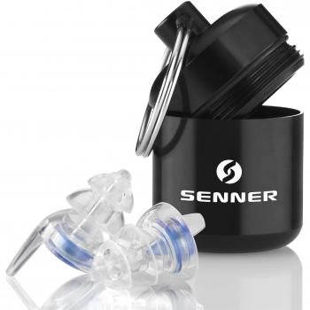 Senner Tapones protectors de oído MusicPro Soft con caja de aluminio. Ideal para conciertos, discotecas y festivals, azul/transparente