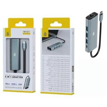Adaptador Hub OTG 5 en 1 Type C Macho a USB 3.0 + 2xUSB 2.0 + RJ45 + USB-C Hembra, Aluminio Plata, Longitud 15cm