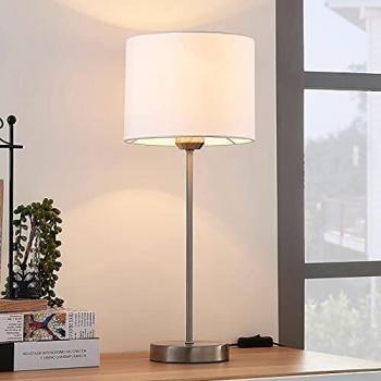 Lindby Lámpara de mesa Annatina blanca con tulipa de tela, moderna, hecha de textura, tela y seda, para dormitorio, 1 bombilla E27