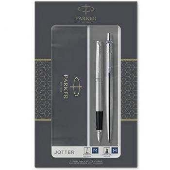 Parker Jotter set de regalo doble con bolígrafo y pluma estilográfica, acero inoxidable con adorno cromado, cartuchos y recambio de tinta azul, estuche de regalo
