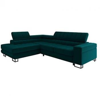Sofá rinconero Comfivo 247 turquesa con función de descanso y caja de ropa de cama, 271x203x71cm