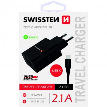 Cargador Doble USB 2.1A Smart IC + Cable USB-C 1,2m Negro
