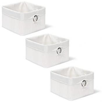 Set de 3 Cajas Blancas de Almacenaje de Bambú, Cestos Plegables con Funda de Tela y Asa Redonda