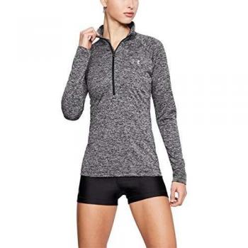 Under Armour Tech 1/2 Zip - Twist, Light and breathable warm up top, zip up top With anti-odour technology Women, Black / Black / Metallic Silver, L