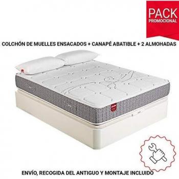 PIKOLIN Pack Colchón Troas de muelles ensacados 135x190 + canapé con Base abatible y 2 Almohadas de Fibra