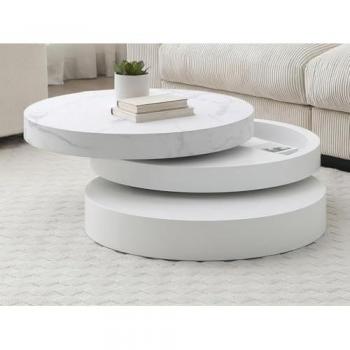 Mesa de centro redonda giratoria con 1 estante de MDF - Efecto mármol blanco y lacado blanco - Janita