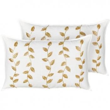 Set de 2 cojines decorativos rectangulares bordados a mano con patrón de hojas en blanco y oro, 30 x 50 cm, algodón, funda removible