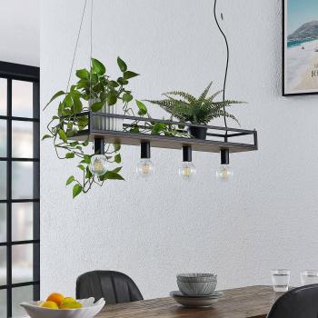 Lámpara colgante Lindby Kirista, 4 luces, negra, madera, 100 cm, Vintage, hecho de metal y madera para salón y comedor (E27)