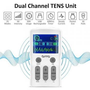 OSITO Tens EMS Electroestimulador Tens - Electroestimulador Digital con 25 Modos&10 Electrodos, Electroestimulador Muscular para Aliviar el Dolor, Masajes, Estimulación Muscular y Electrodos para Tens