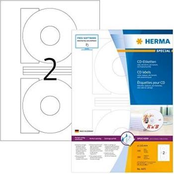 Etiquetas CD/DVD HERMA 4471, Ø 116mm, blancas opacas, 200 etiquetas (100 hojas)