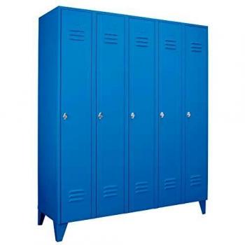 Taquilla de acero Wolf 926996 con patas, 5 compartimentos, ancho total 1500 mm, puertas de pared completa, color azul claro