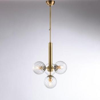 Lámpara Colgante Moderna Armonía de Bronce con 4 Luces E14 y Esferas de Vidrio Transparente