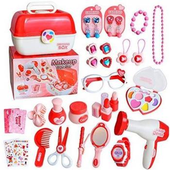 Maletín de Joyería y Maquillaje Juguete Pretend Play Belleza Caja Completa de Peluquería inluye 30 Piezas Comésticas Juego Educativo y Científico Regalo Ideal de Cumpleaños Navidad para Niños 3+ Años