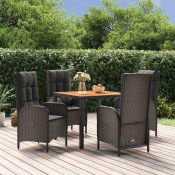 5-Piece Black Poly Rattan Garden Dining Set with Cushions