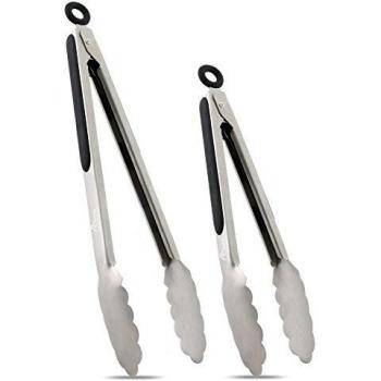 Hotec Pinzas de Cocina de Acero Inoxidable Mango de Silicona, Juego de 2 – 23cm, 30,5 cm, Pinzas de Metal de Bloqueo Para Alimentos con Agarre Antideslizante