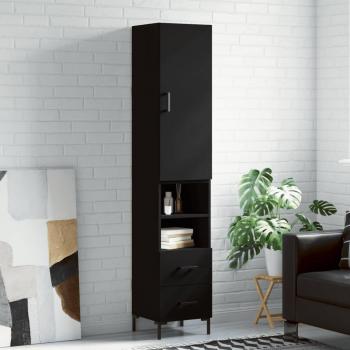 Aparador alto de madera contrachapada negro 34,5x34x180 cm con 2 cajones y 2 estantes, mueble de almacenaje para salón, buffet y armario auxiliar