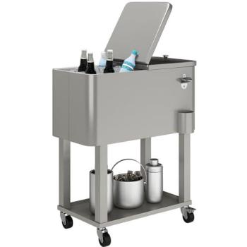 Carro Nevera Refrigerado 56L con Ruedas, Abrebotellas y Estante para Patio y Fiesta - Gris Claro 67x35x80 cm