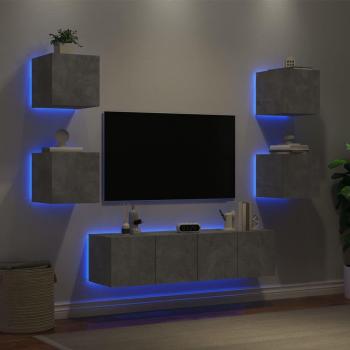 Mueble de TV pared con LED 6 piezas madera ingeniería gris hormigón