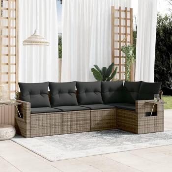 5-Piece Grey Poly Rattan Garden Sofa Set with Cushions