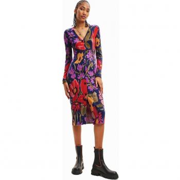 Vestido Desigual de punto midi con estampado de flores