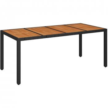 Black Poly Rattan Garden Table with Wooden Top 190x90x75 cm
