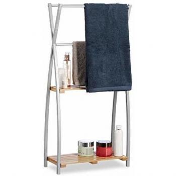Toallero de Pie Relaxdays con 2 Baldas, Diseño X, Bambú y Acero, 93 x 46 x 20 cm