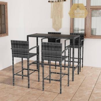 Juego de jardín de 5 piezas en polyrattan gris con mesa y taburetes altos