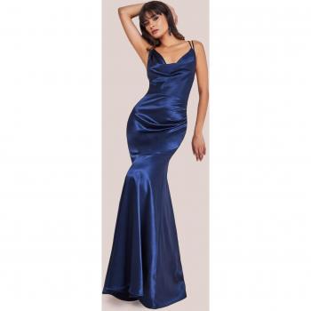 Navy Satin Cowl Neck Strappy Back Maxi Dress