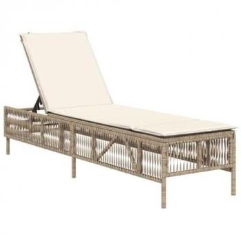 Tumbona de jardín con cojín ratán sintético beige, tumbona reclinable, tumbona de exterior, tumbona al aire libre